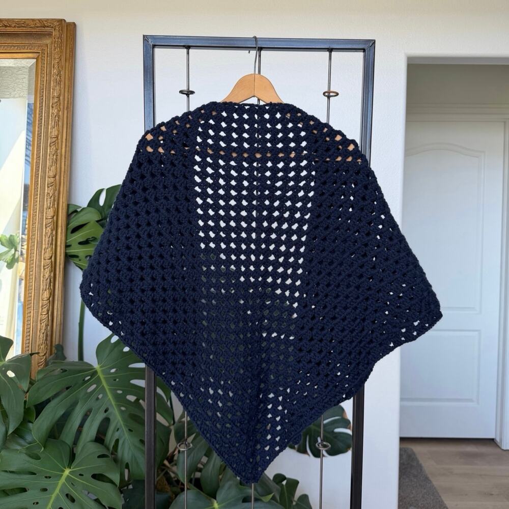 Handmade Navy Crochet Triangle Shawl Scarf Wrap